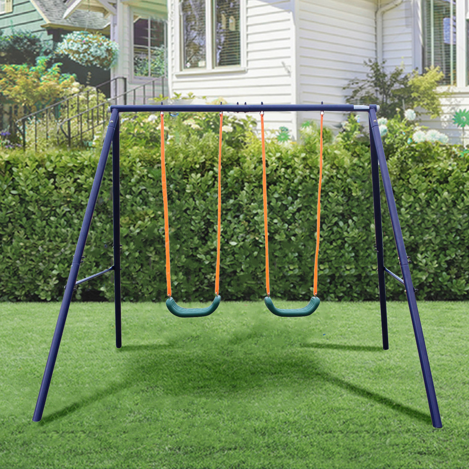 Panarciss Two Station Swing Set for Children From 3 8 Years Old Outdoor Metal Swing Playset Load Up to 200LBS Reviews Wayfair